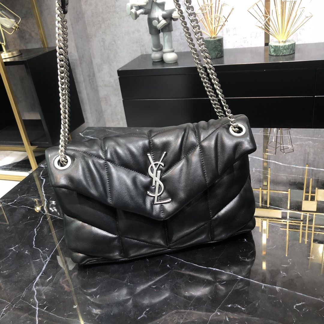 Saint Laurent Loulou Puffer Small Lambskin Shoulder Bag Handbag Black 577476 Silver